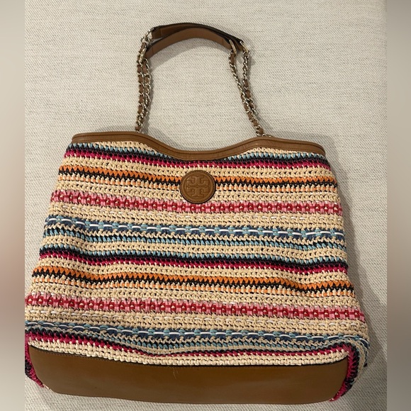 Tory Burch Multicolor Stripe Raffia and
Leather Marion Tote - Picture 3 of 8